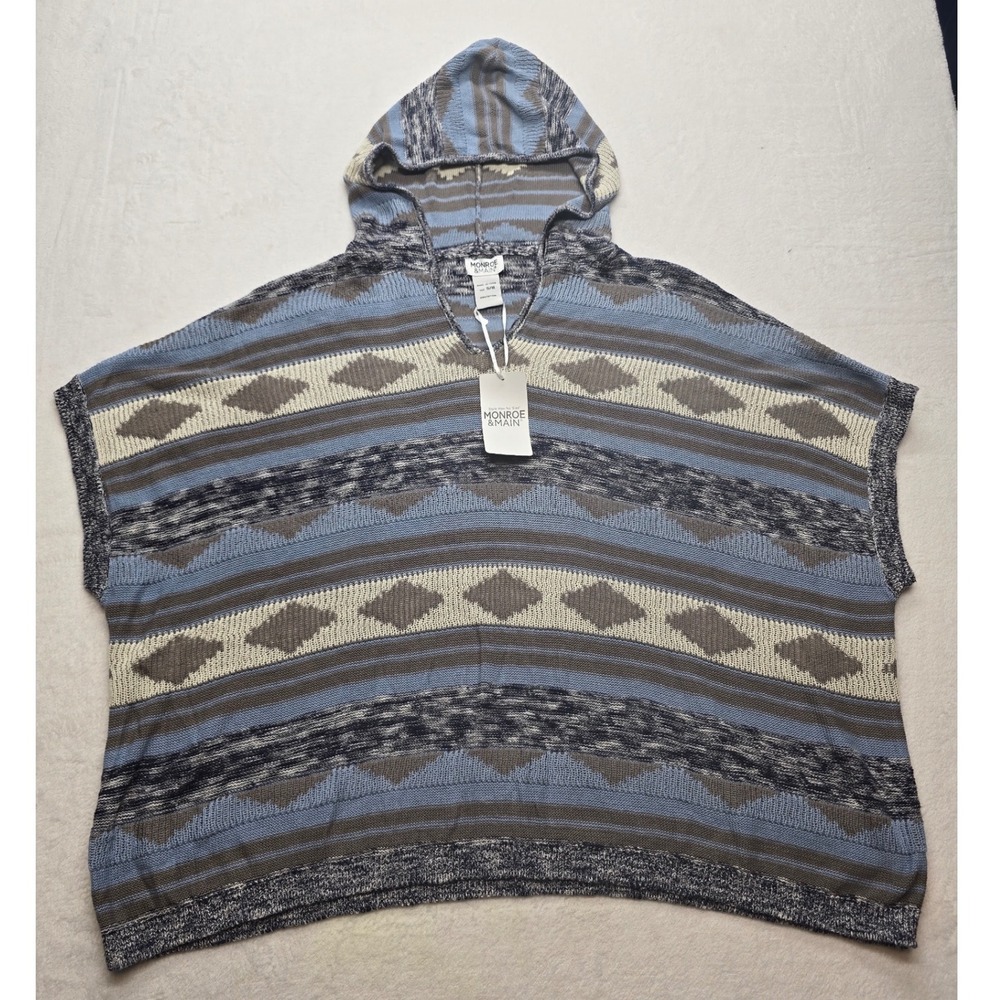Monroe & Main Southwestern Hooded Poncho Sweater Blue‎ Geometric Cotton Knit S/M